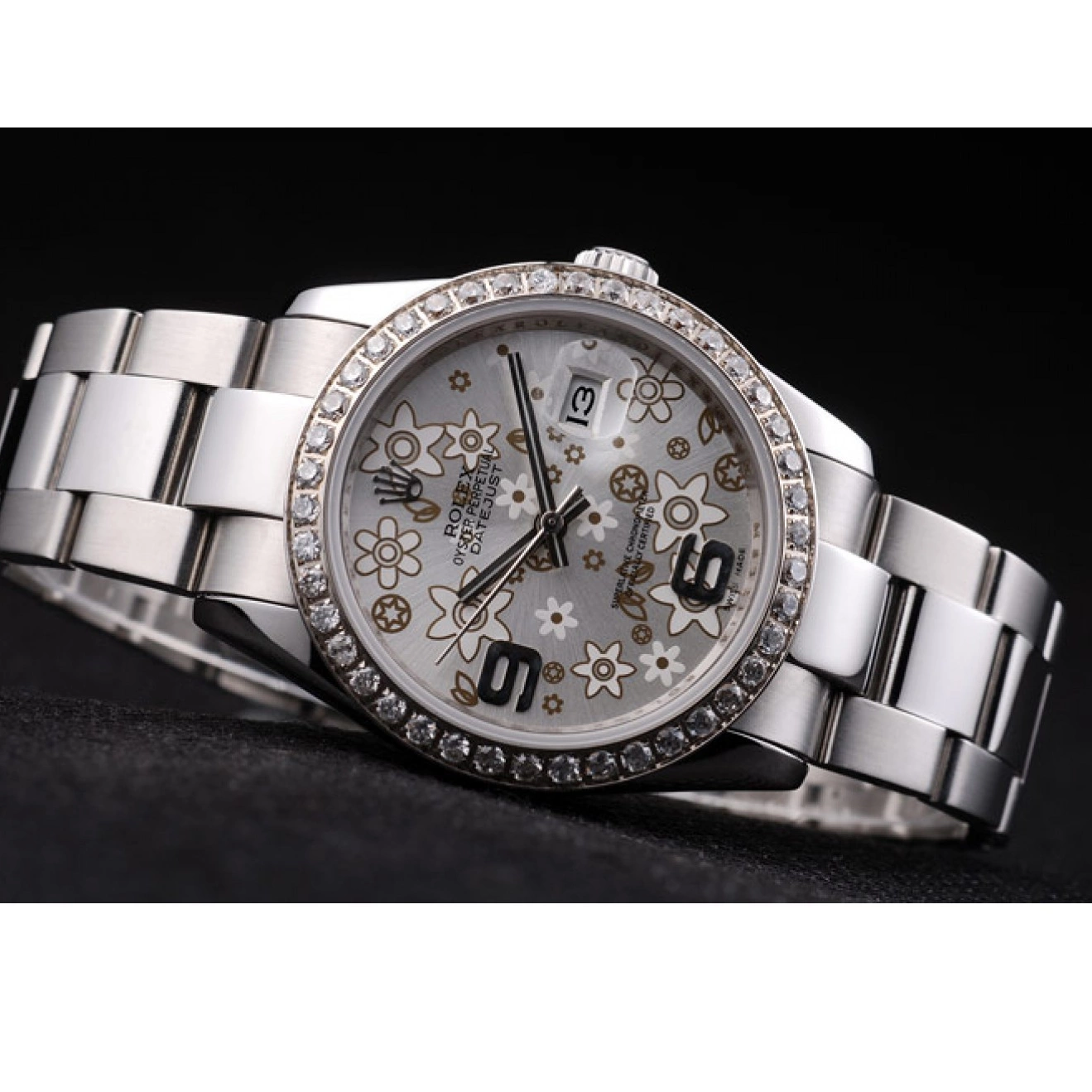 MiroTime 0815 Rolex Datejust Stainless Steel Silver Flowers Dial Diamond Plated rl305